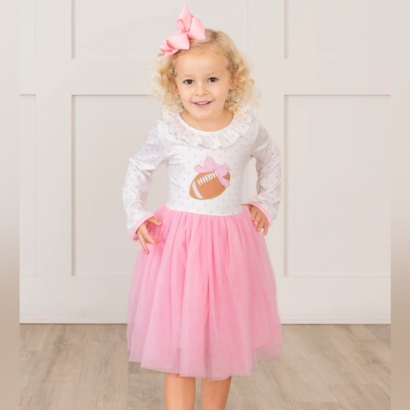 Marie Nicole Other - NWT Marie Nicole Girls Size 5 or 6 Pink White Kids Football Long Sleeve Dress